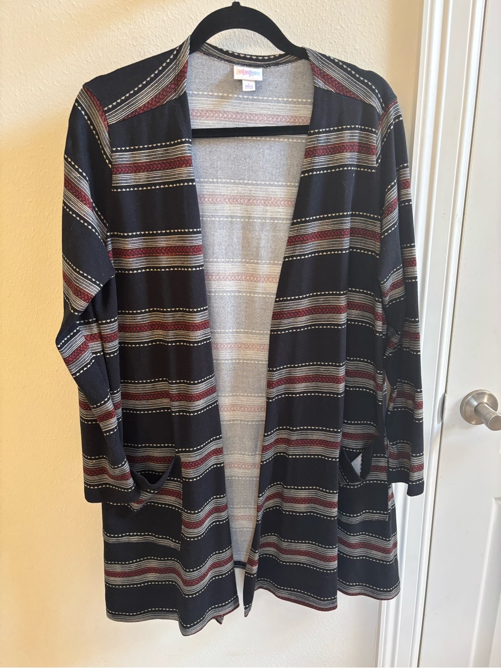 LuLaRoe Black Cardigan with Red and Gray Stripes